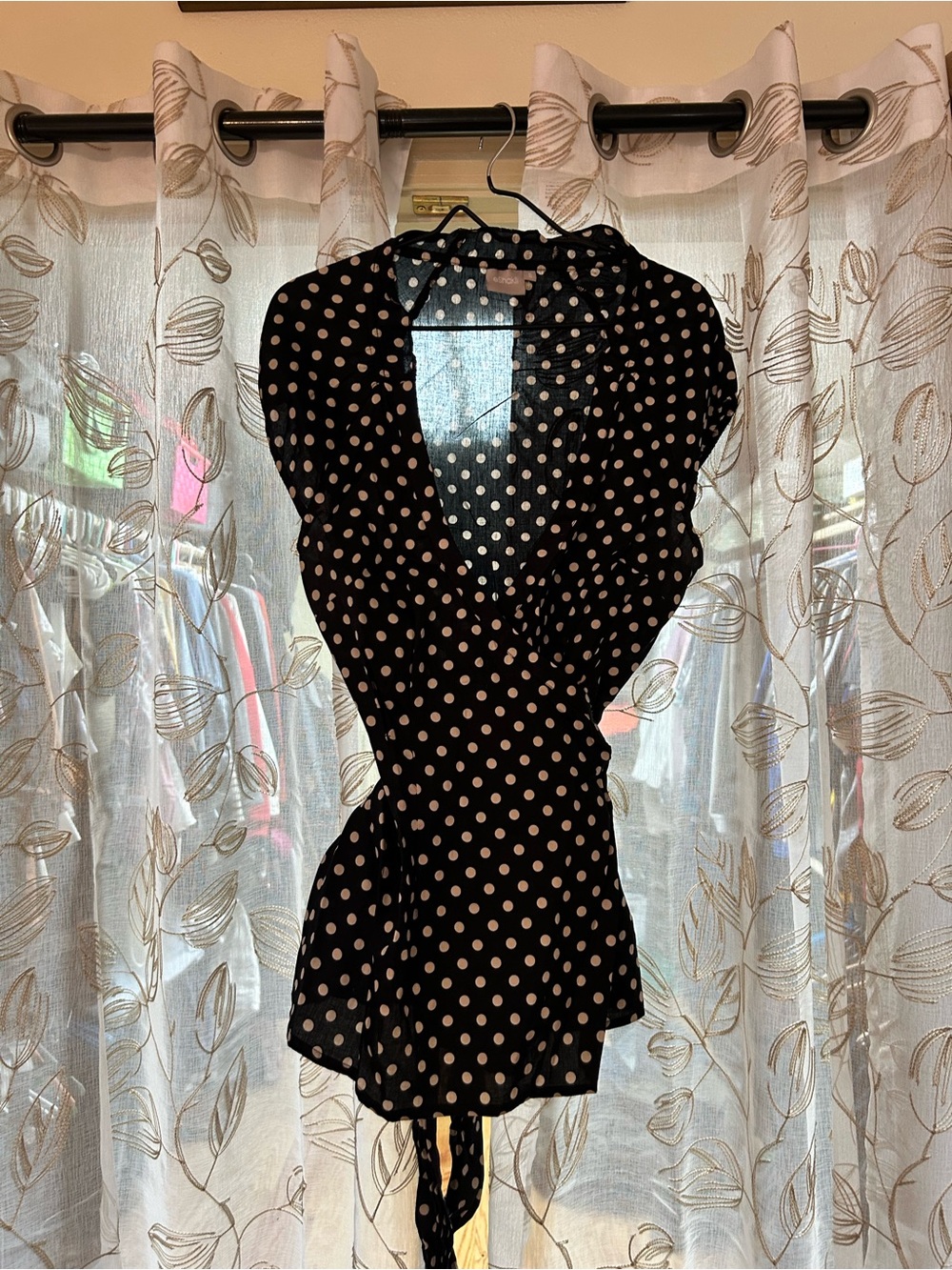 eshakti Black Polka Dot V-Neck Tie-Waist Blouse